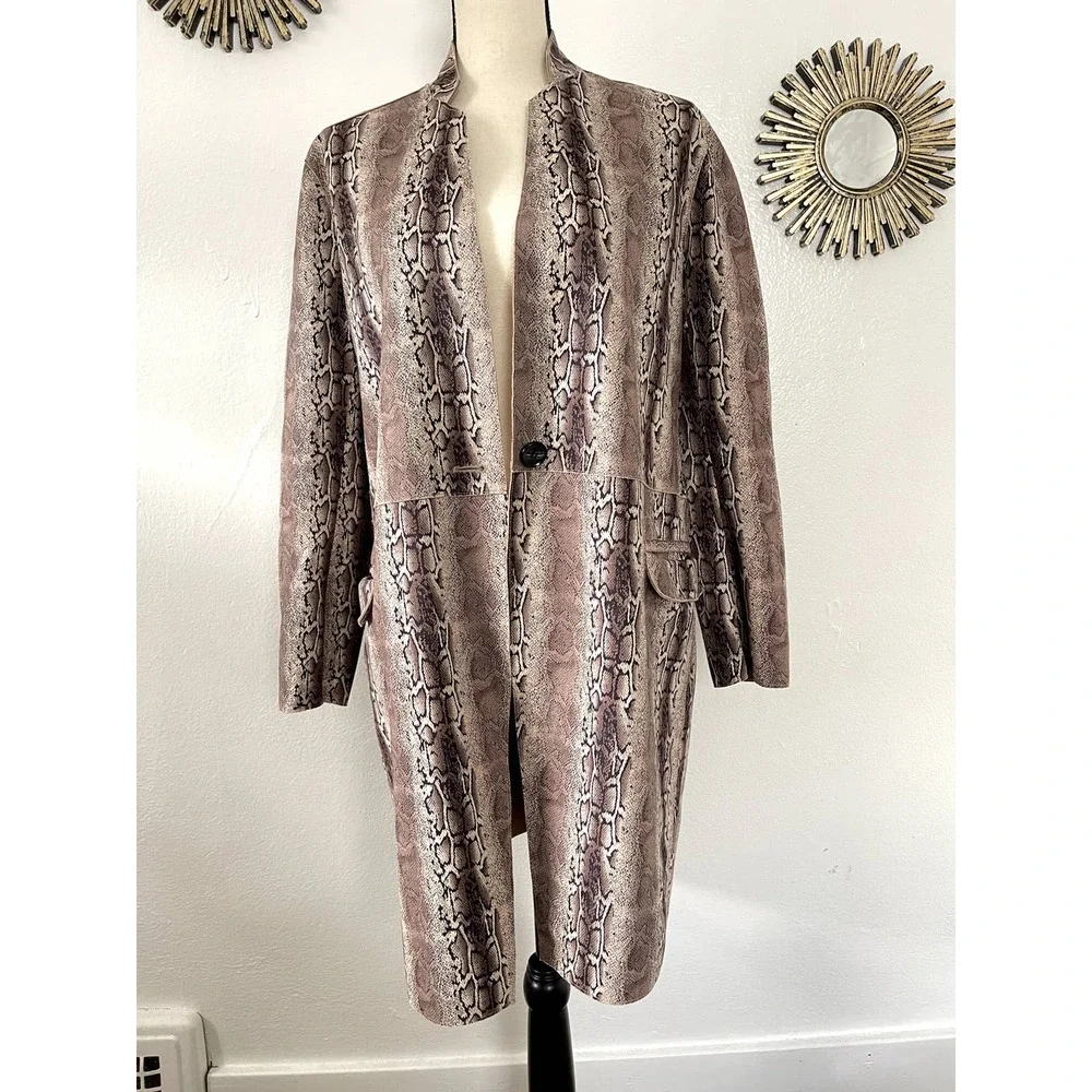 Blank NYC Python Print Faux Suede Longline Duster Coat Neutral Taupe Womens Sm
